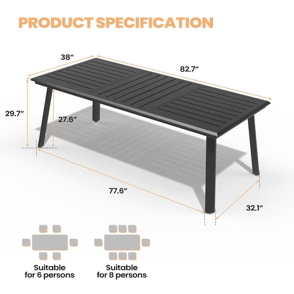 dimension image slide 2 of 4, Pellebant Outdoor Aluminum Dining Table with Umbrella Hole for 6-8 Person