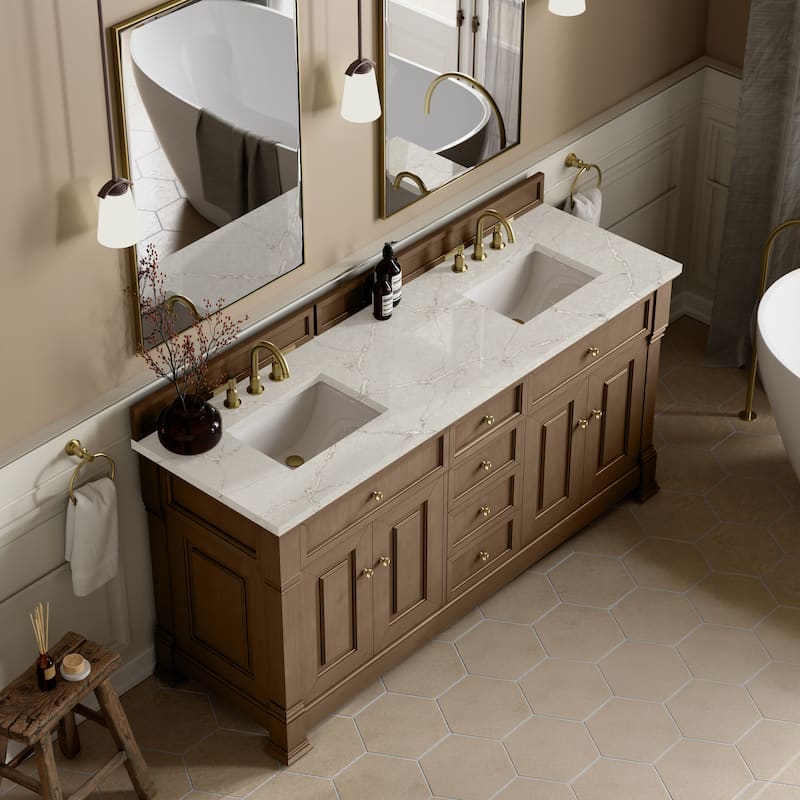 Brookfield 72" Double Vanity, Pecan w/FreePower Wireless Charger