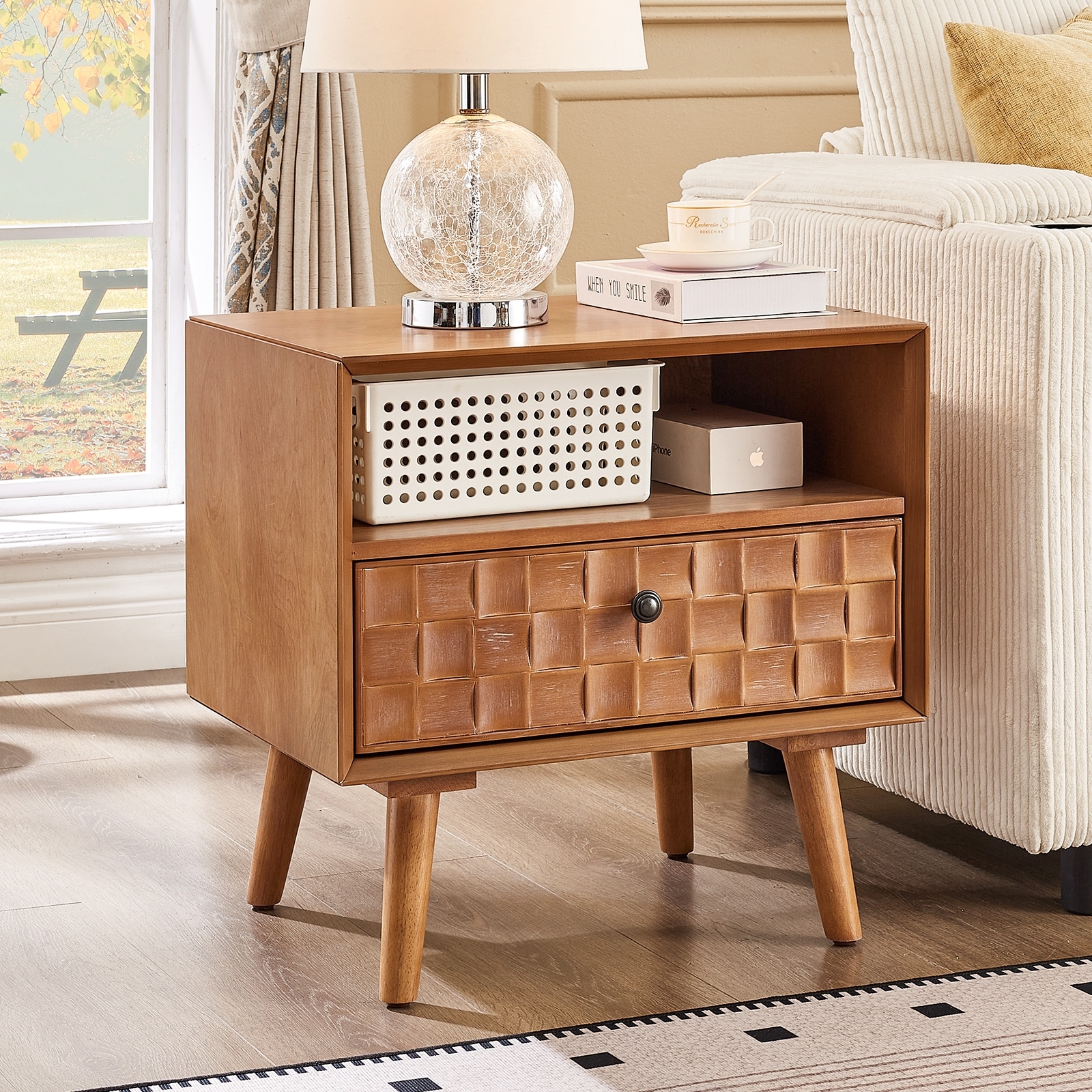 Mid Century Modern Storage Nightstand with Carved Geometric Drawer Open Shelf Solid Wood Legs by GDFStudio