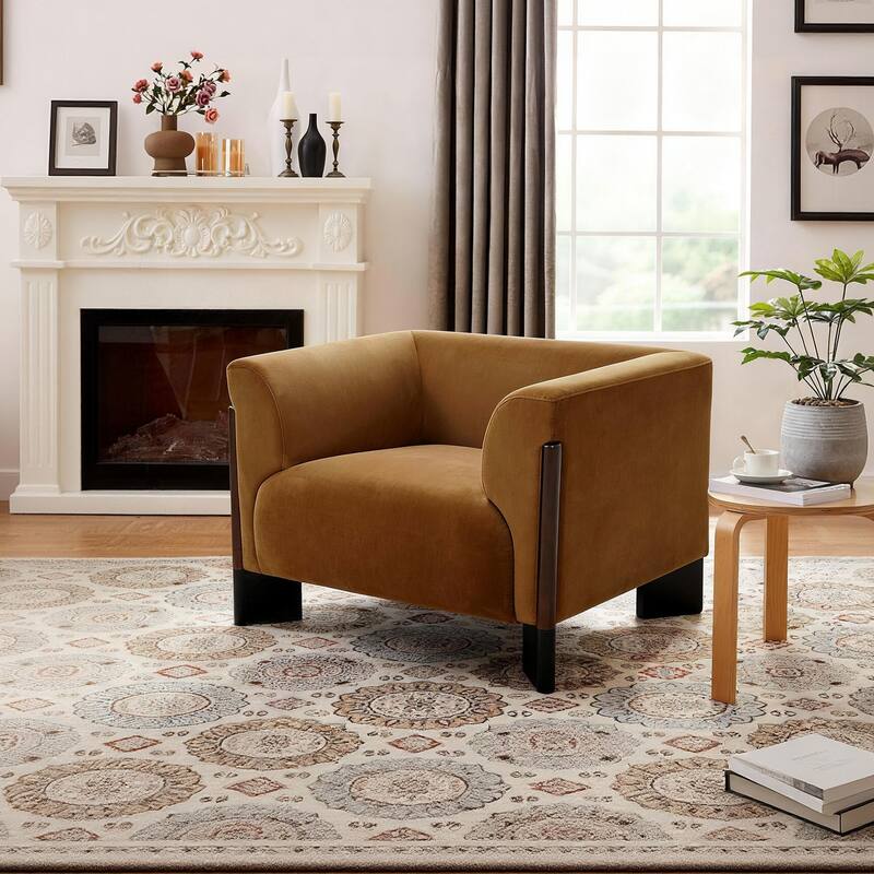 Mid-Century Tuxedo Arm Roomy Barrel Chair Oversized Loveseat Sofa - Orange-Velvet - Armchair