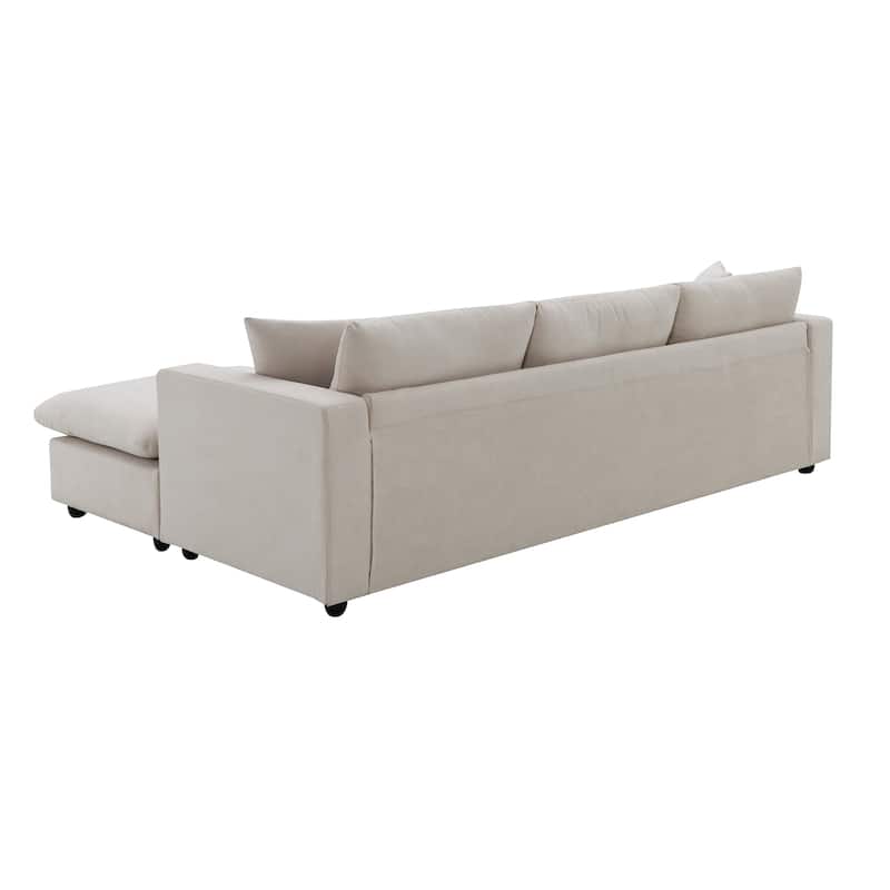 Beige 100.4'' Polyester L-Shaped 4-Seat Sectional Sofa Couch with Convertible Ottoman and 2 Pillows, Contemporary Design