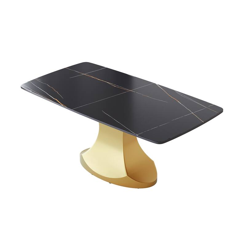 Dining Table for 6~8 Person, Faux Marble Kitchen Dining Table with Gold Pedestal.