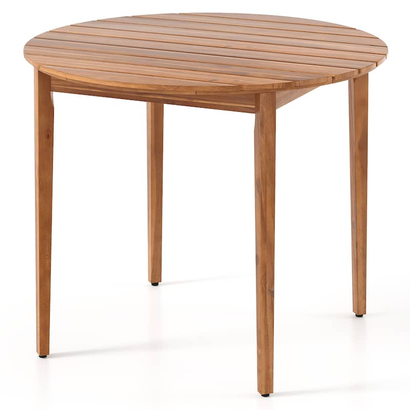Natural Acacia Wood Round Dining Table Slatted Top for 4 with Foot Pads - 36" L x 36” W x 28" H - Natural
