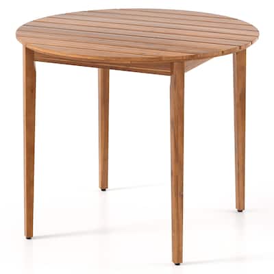 Natural Acacia Wood Round Dining Table Slatted Top for 4 with Foot Pads - 36" L x 36” W x 28" H