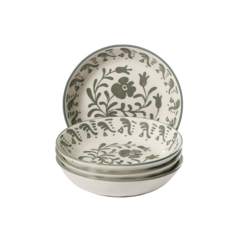 Bloomhouse - 2-Time Oprah's Favorite Things, Valencia Flor 4 Piece 8" Dinner Bowl Set, Stoneware, Floral Decal Design - Fern Green