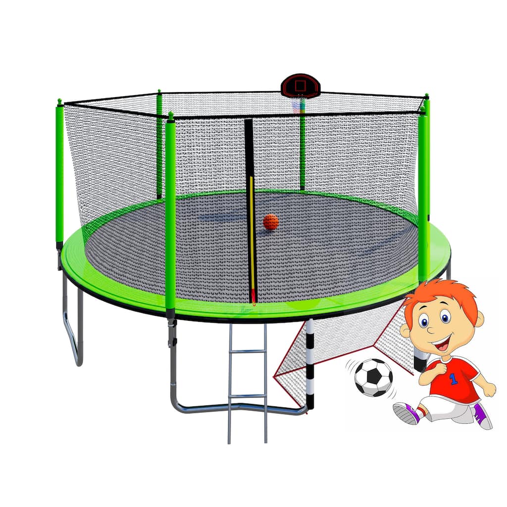 16FT Trampoline with Basketball Hoop Pump, Ladder & Soccer Goal, Green