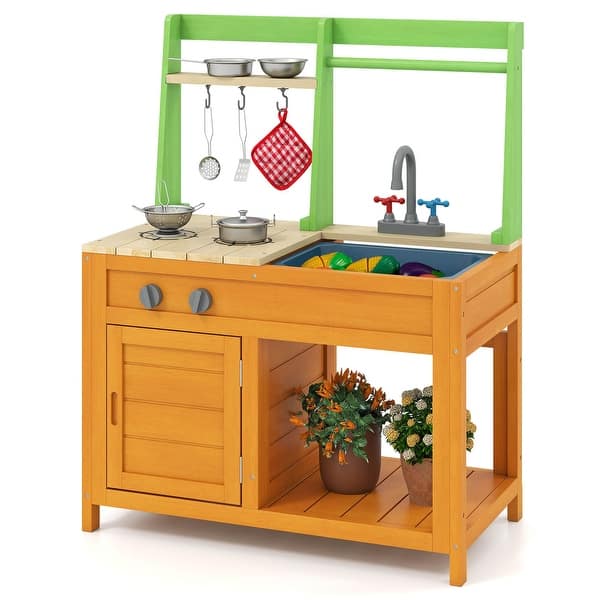 slide 2 of 6, Wooden Play Kitchen w/Stoves & Removable Sink for 3+ Years Old Kids Green & Yellow