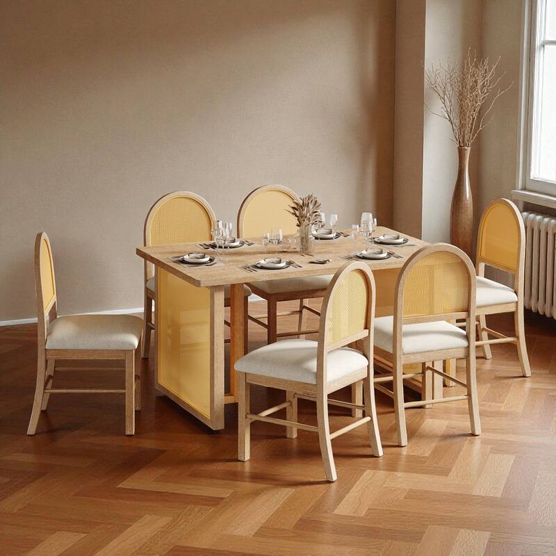 7-Piece Farmhouse Dining Set, 59.8" Distressed Oak Veneer Table with 6 Rattan Chairs, Rustic Dining Room Furniture