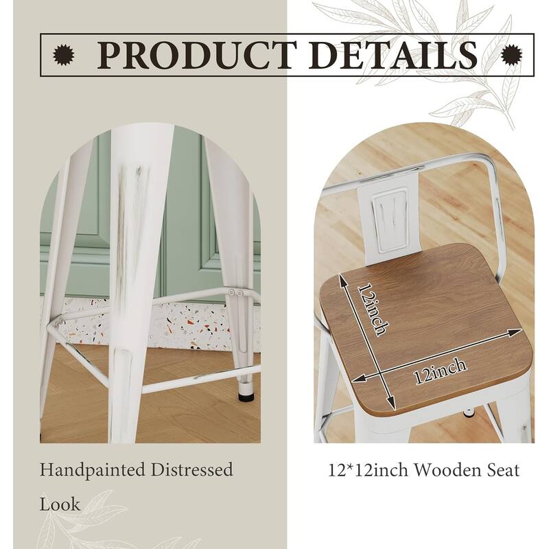 Industrial Style Counter Stools with Metal Frame 24" Kitchen Counter Height Stools with Low Back and Wooden Seat