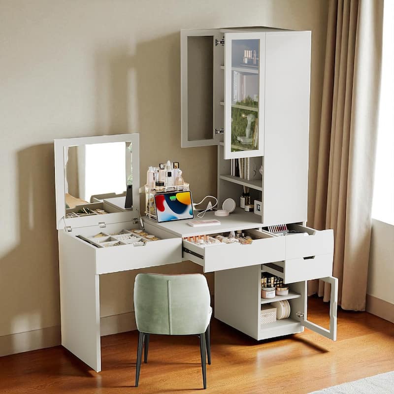 Multifunctional Vanity Desk with Mirror, Charging Ports, Glass Door Cabinets, 8 Hidden Compartments & Storage