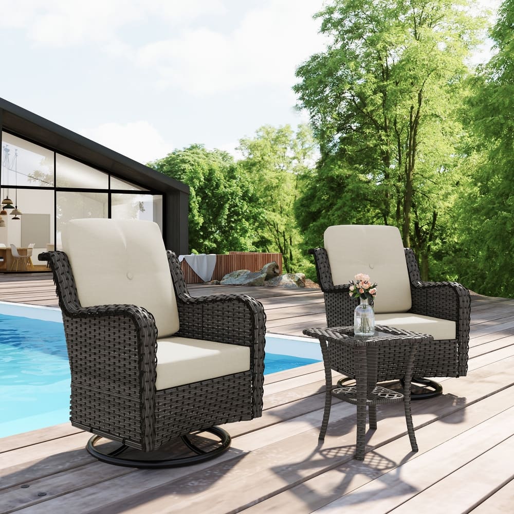 Outdoor 3 Pieces Rattan Wicker Bistro Set Swivel Rocker With Cushion & Table