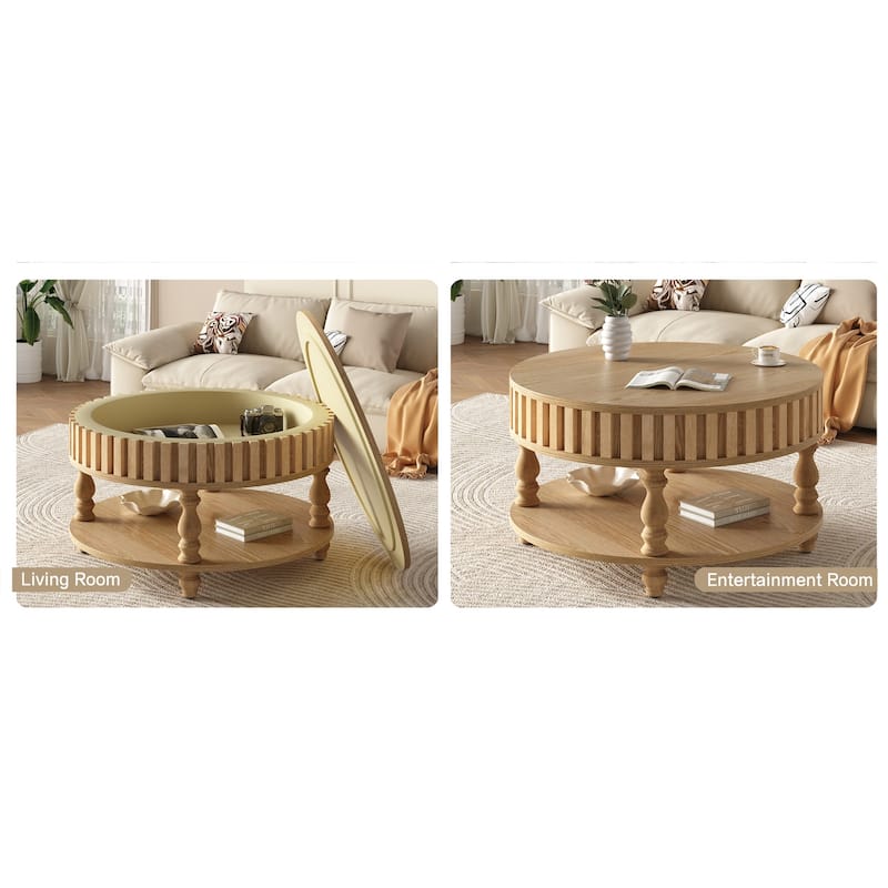 Farmhouse 31.49" Round Coffee Table with Storage and Flip-Top Lids for Rustic Living Room Organization and Style