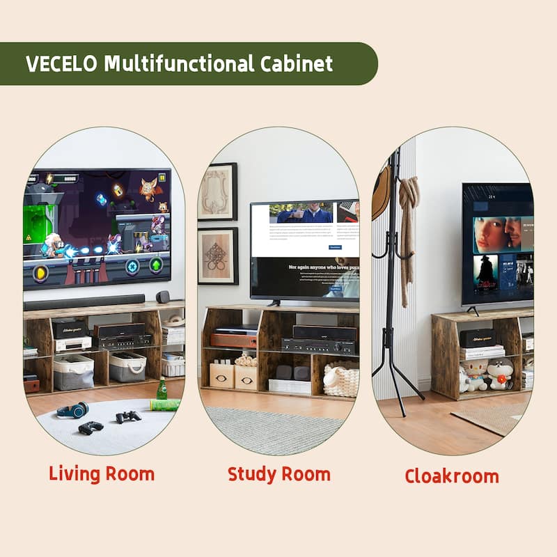 VECELO TV Stand with LED Light, Industrial Entertainment Center with 7 Open Storage