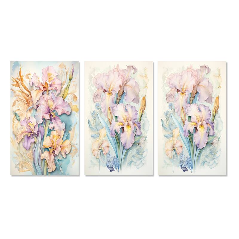 Designart "Purple Iris Flower In Vintage Pastel Tones V" Irises Wall Art Traditional Printed Art Set Of 3 For Bedroom