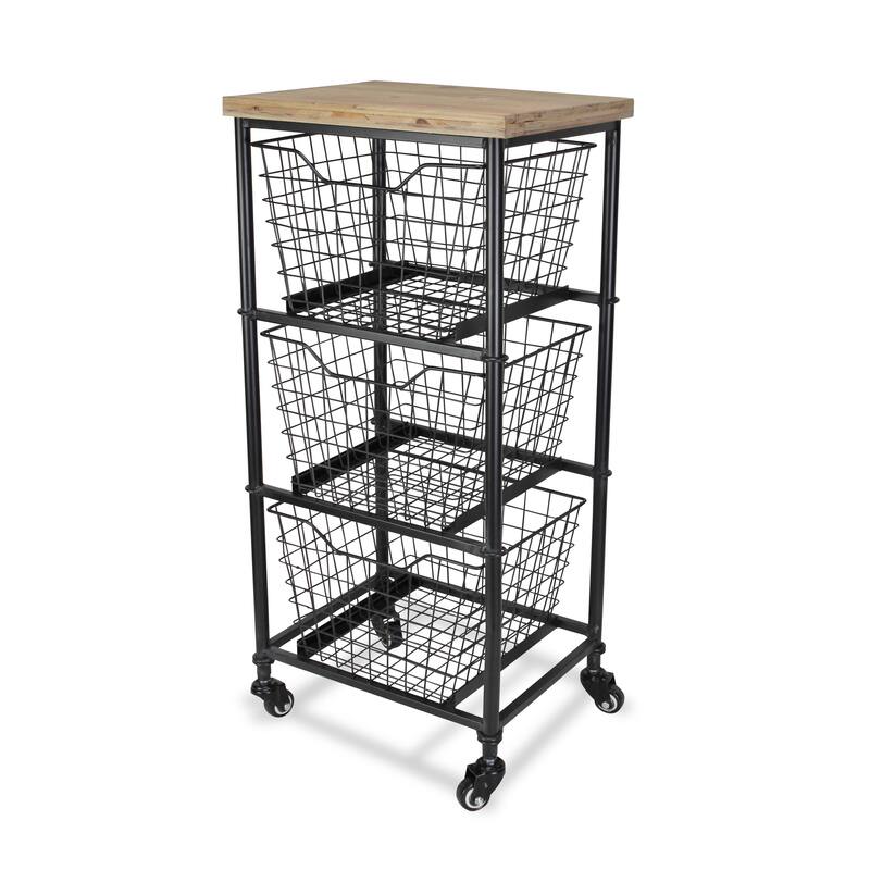 HomeRoots 32" Black And Natural Metal And Wood Basket Storage Rolling Cabinet