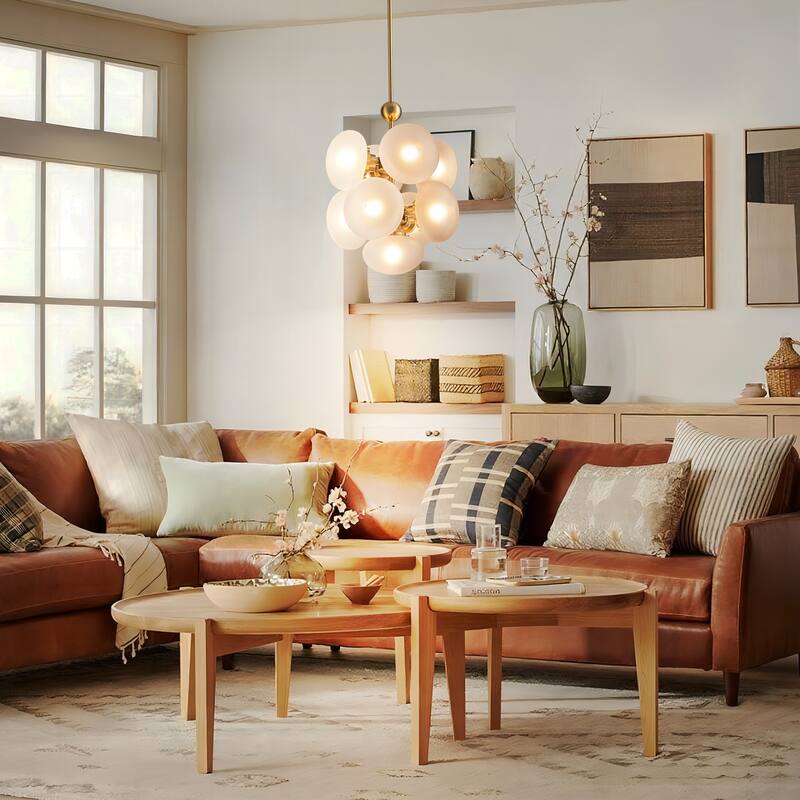 9-Light Modern Glam Gold Cluster Frosted Opal Globe Glass Chandelier for Dining Room, Living Room