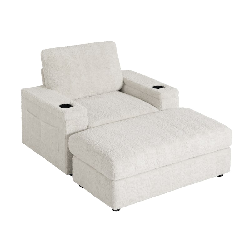 2-Piece Oversized Accent Chair & Ottoman Sets, Single Sofa Reading Couch Chaise Lounge with Storage Ottoman & Cup Holders