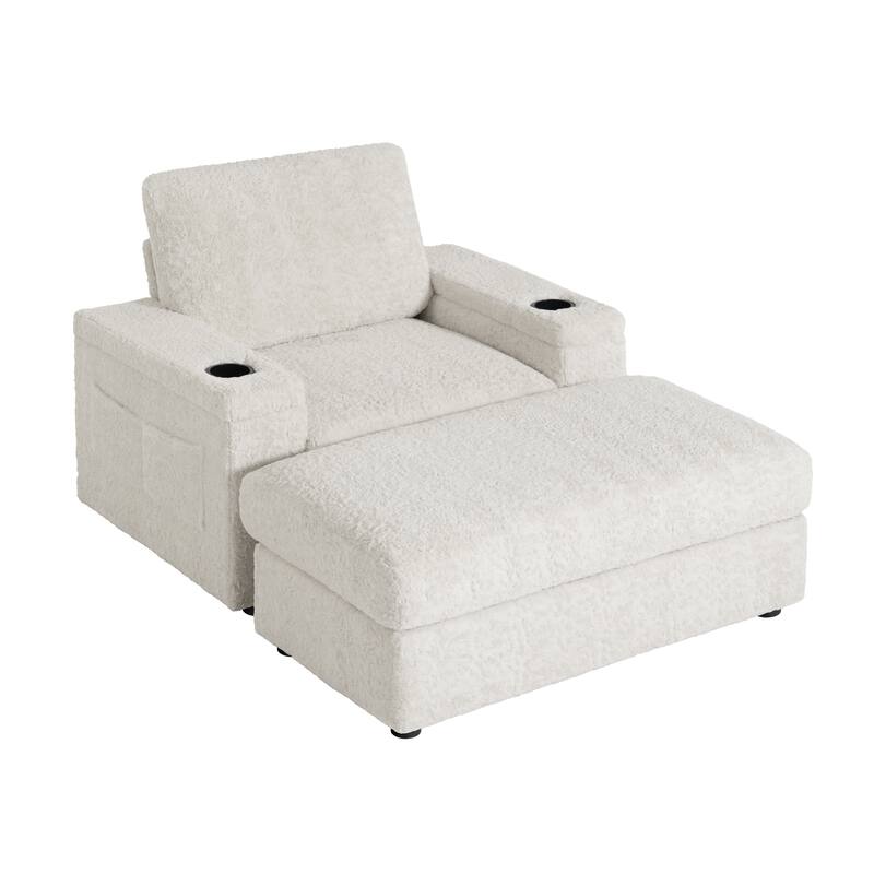 42" Oversized Indoor Chaise Lounge in Beige Faux Fur, Convertible Sofa Bed with Storage & Cup Holder