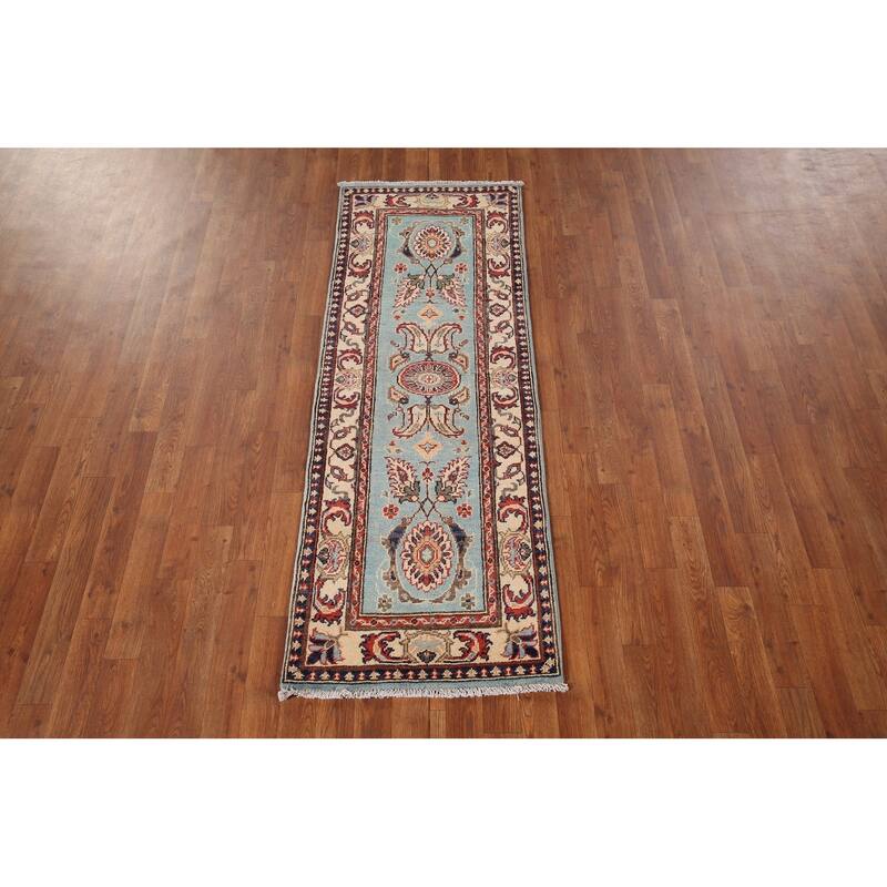 Light Blue Floral Kazak Oriental Runner Rug Hand-Knotted Wool Carpet - 2'1" x 5'11"
