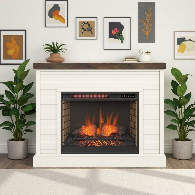 28/32/35/48" Electric Fireplace Mantel Heater w/ LED Flame Remote Timer Dark Oak/Brown/White - 48inch - White