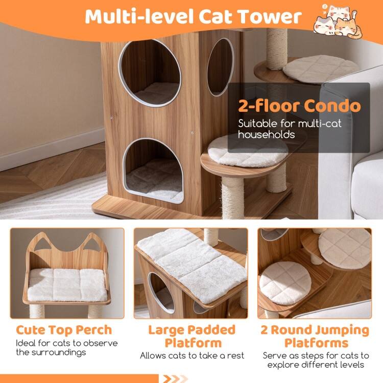 Natural and Beige Wooden Cat Tree Tower with Dual Condos Perches and Scratching Posts 48 Inch - 32" x 22.5" x 48" (L x W x H)