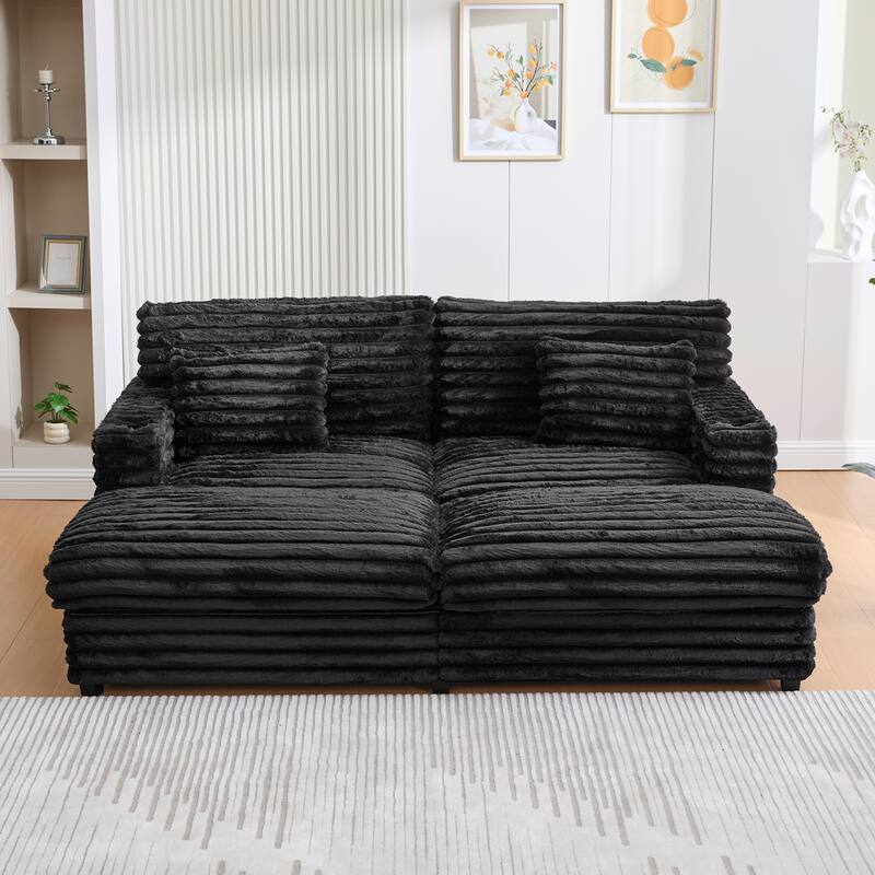 Oversized Double Chaise Lounge Sofa, Living Room 2 Seater Sofa Upholstered Sleeper Sofa Bed Daybed with USB Ports & Cup Holders