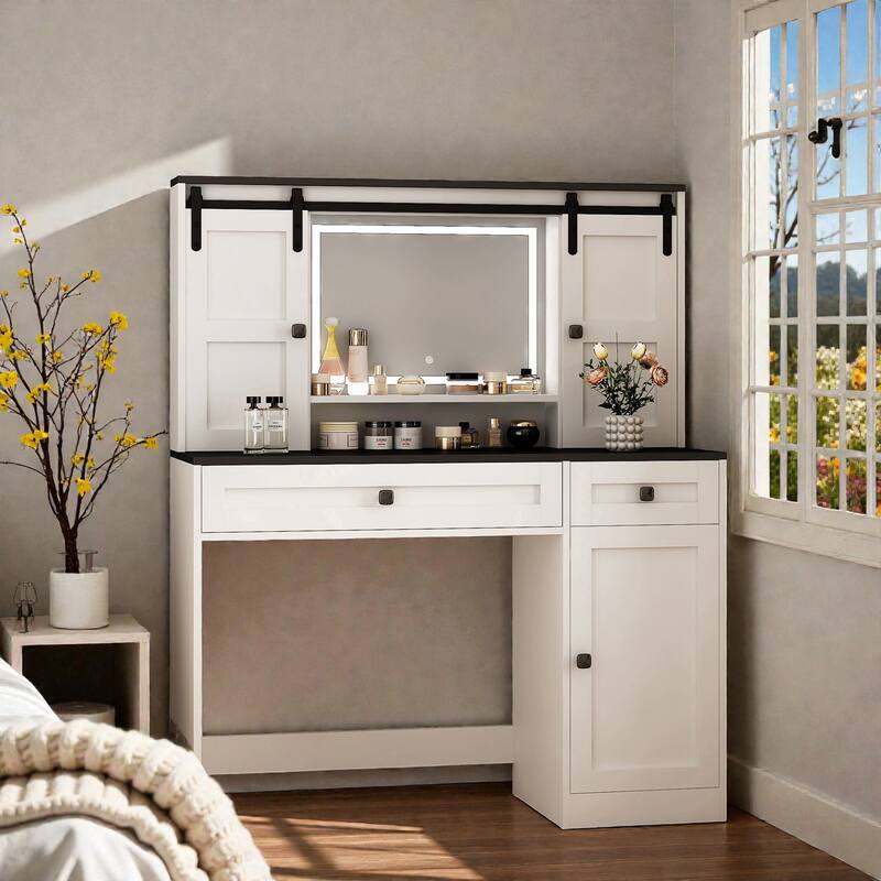 43 Inch Farmhouse Makeup Vanity Table with Lighted Mirror, Storage Drawers and Hair Dryer Holder for Bedroom