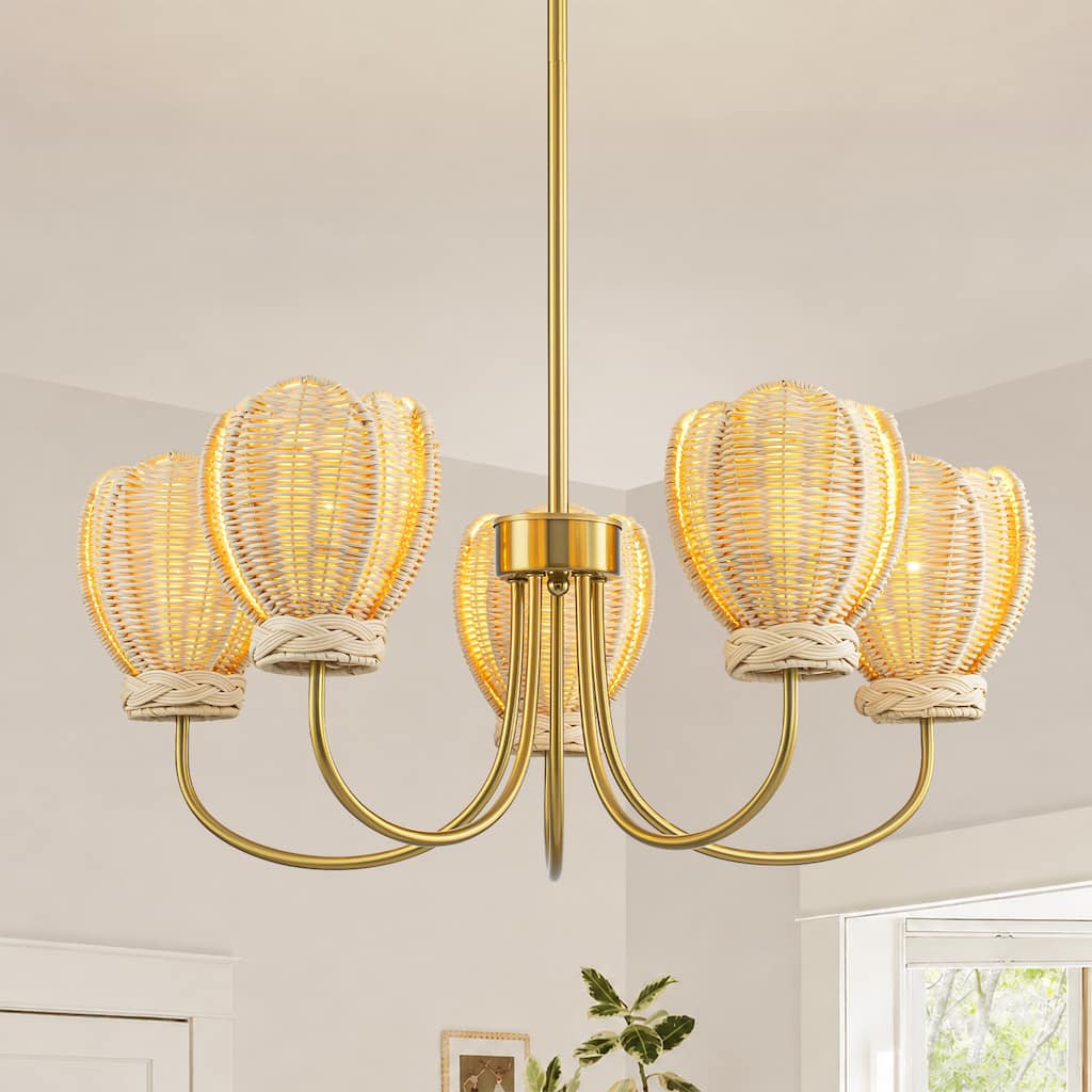 5-Light Boho Farmhouse Rattan Gold Chandelier with Woven Bud Shades for Dining Room Kitchen Island - 26.0 in. Dia x 10.2 in. H