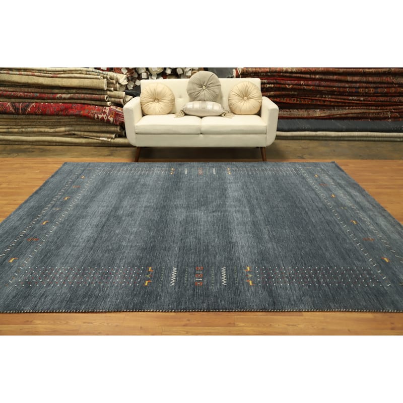 Hand Knotted Oriental 100% Wool Carpet Tribal Animal Pictorial Navy Blue & Blues Gabbeh Area Rug - 9' 10'' X 8' 2''