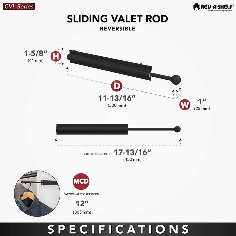 Rev-A-Shelf CVL Series 12 Inch Pull Out Closet Valet Rod