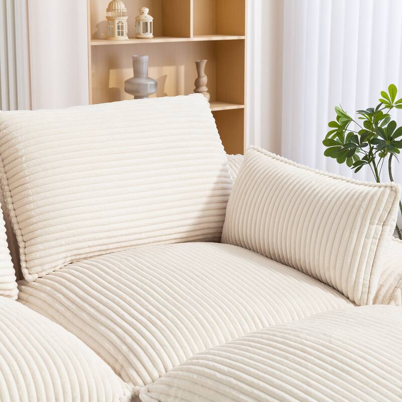 L Shaped Sectional Sofa Corduroy Upholstered Boneless Couches with Movable Footstool, With Three Pillows and Two Lumbar Pillows