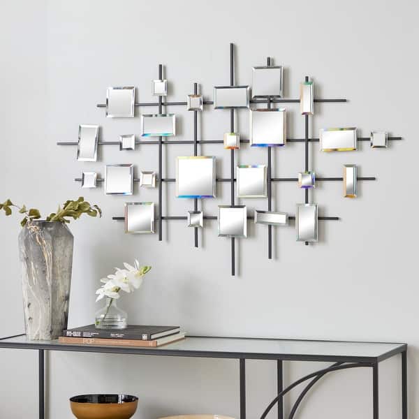 slide 2 of 20, Black Metal Geometric Home Wall Decor with Square Mirrored Accents Black