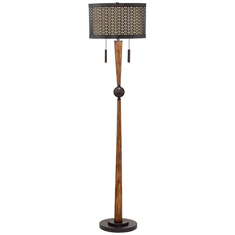 Mid Century Modern Floor Lamp Cherry Wood Perforated Metal Shade - 16" x 64"