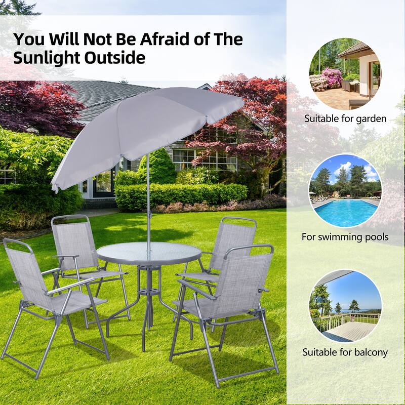 Futzca Folding Patio Dining Set, Garden Patio Furniture Set with Umbrella, Glass Table and 4 Folding Chairs