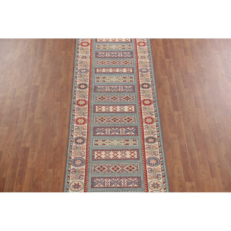 Light Blue Traditional Kazak Runner Rug Hand-Knotted Wool Carpet - 3'1" x 16'5"