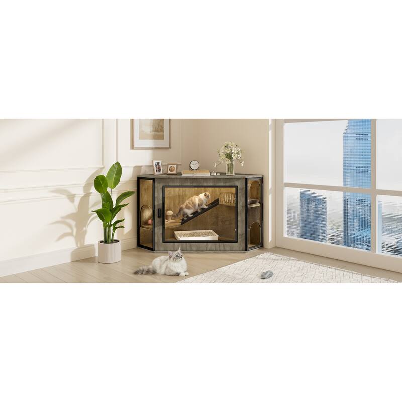 48" Corner Cat Litter Box Enclosure, Modern Hidden Litter Box Corner Cabinet with Acrylic Door and LED Light