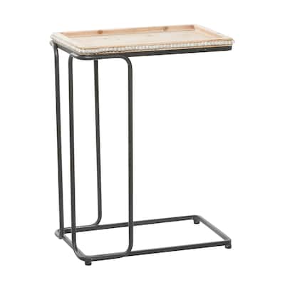 Wood Beaded C-Style Accent Table with Black Metal Base - White - Roche River Decor - 13"W x 20"L x 26"H