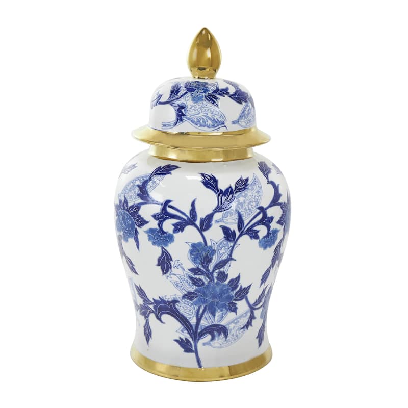 Ceramic Floral Living Room Decorative Jars with Cream and Gold Accents - Blue - Roche River Decor