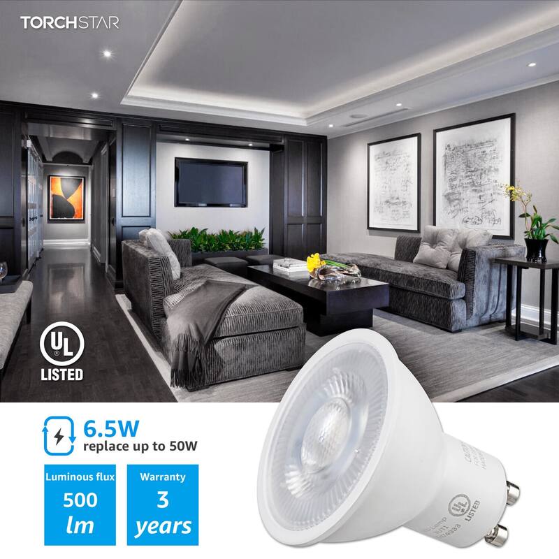 6 Pack 6.5W Dimmable LED MR16 GU10 Base Light Bulb, 5000K Daylight