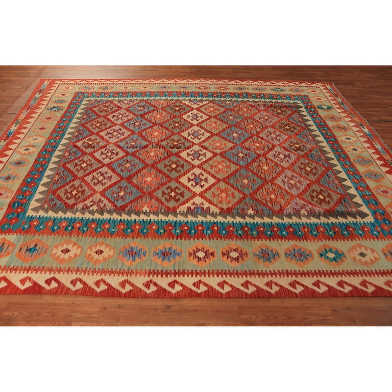 Trellis Geometric Kilim Oriental Area Rug Hand-Woven Wool Carpet - 8'2"x 9'6"