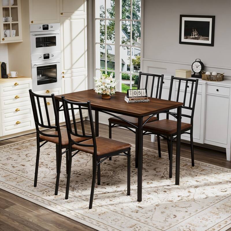 5-Piece Dining Set, 43.3" Rectangle Wood Table with 4 Steel Chairs - Walnut