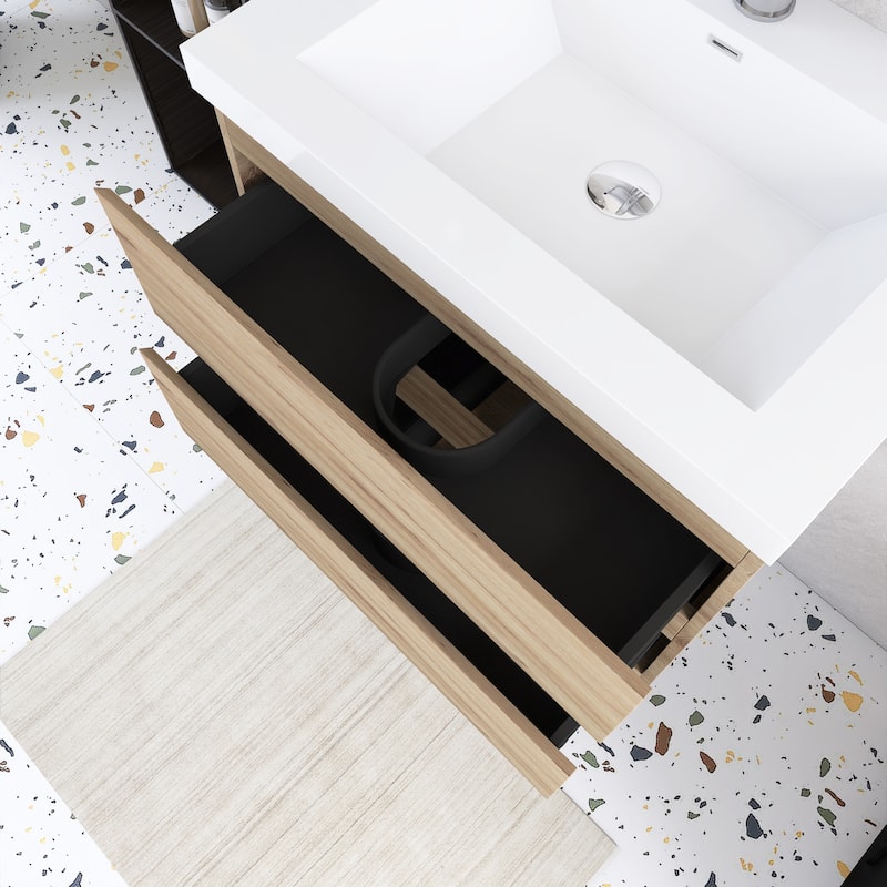 Angela Wall Mounted Bathroom Vanity in F. Oak with White Cultured Marble Top