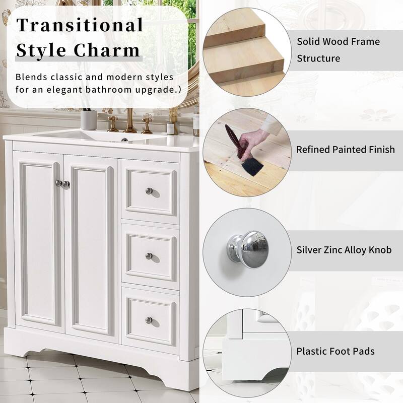 36" Transitional Bathroom Vanity with Ceramic Sink - 2 Soft-Close Doors, 3 Drawers (1 Divided), U-Shaped Shelf, Painted Finish