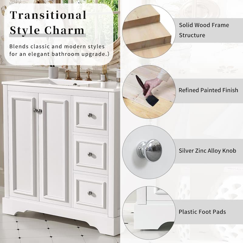 Roomfitters 36" Transitional Bathroom Vanity with Ceramic Sink, 2 Soft-Close Doors, Adjustable Shelf and 3 Drawers