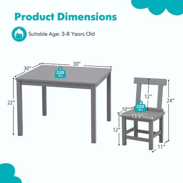dimension image slide 1 of 2, Costway Wooden Kids Table and 2 Chairs Set with Rubber Wood Legs - See Details