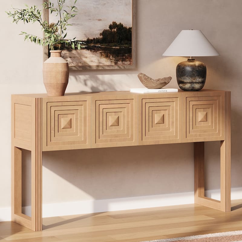 Christopher Knight Home - Modern Geometric Carved Console Table with Soft-Close Drawers & Fluted Legs for Living Room, Hallway
