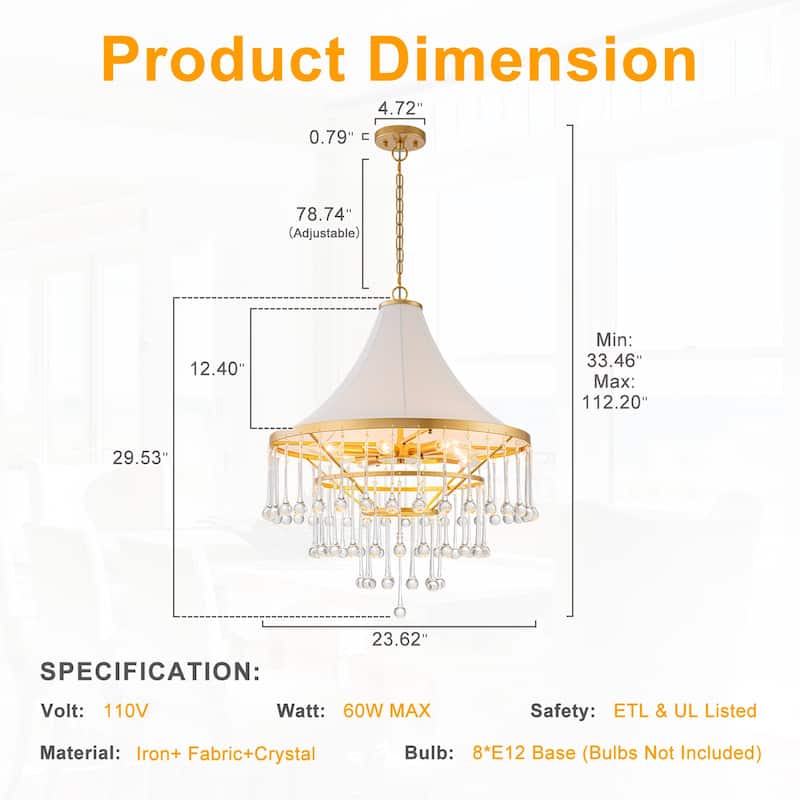 Brushed Gold Crystal Tiered Chandelier with Linen Shade Dining Room - Dia.23.62-in