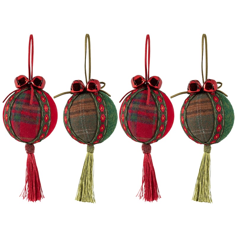 Jingle Bell Plaid Christmas Ball Ornaments - 2.75" - Set of 4 - Red and Green