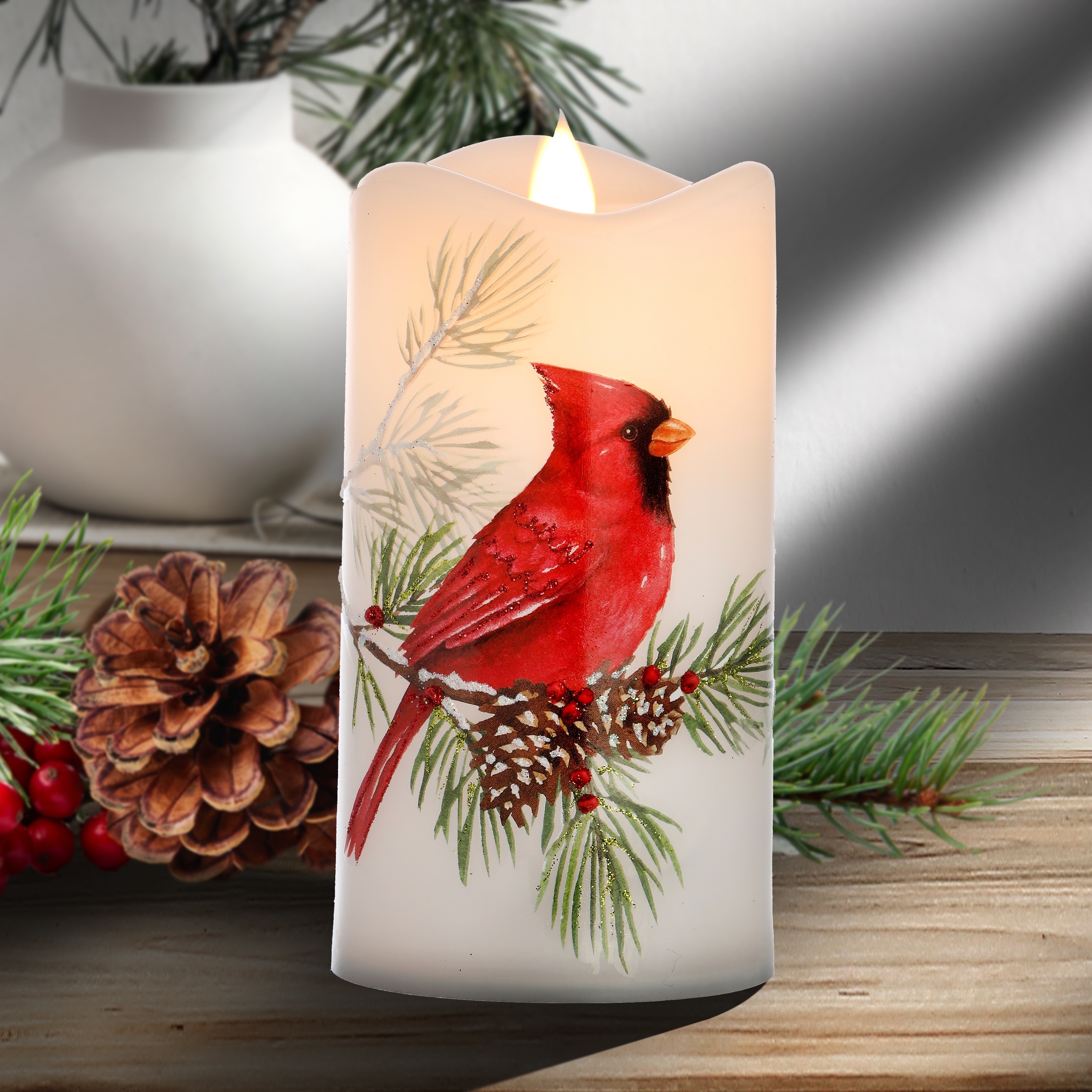 6" Cardinal W/Branch Faux Candle Set of 2