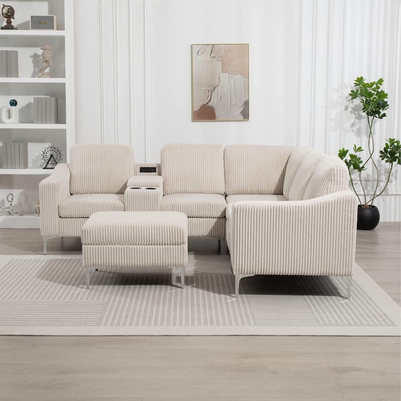 95.67" Corduroy L-Shaped Sectional Sofa with USB
